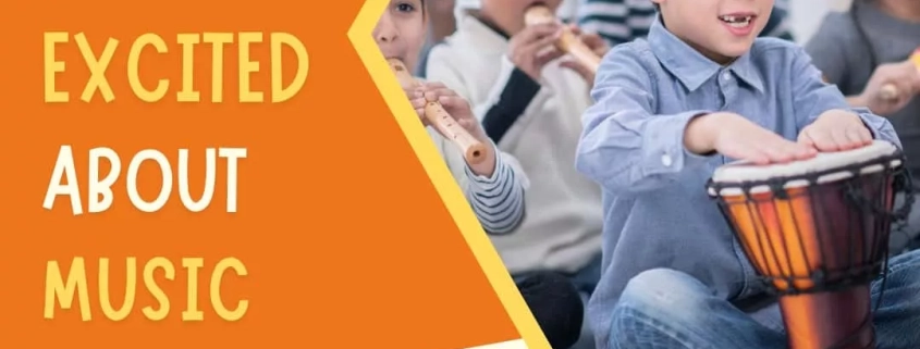 Get Your Child Excited About Music. Read now! Image shows young students playing musical instruments in a music class.