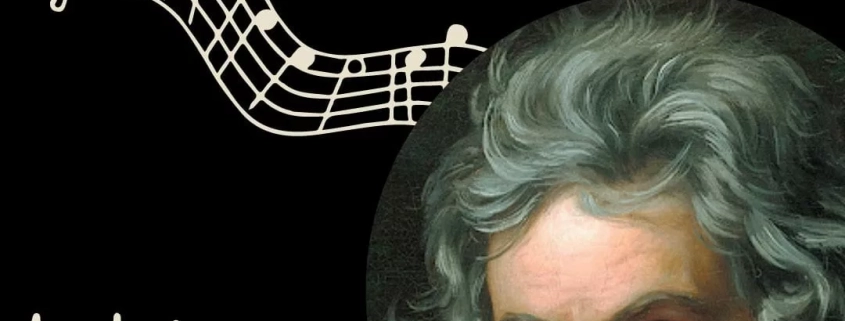Musician Series: Ludwig van Beethoven. New Blog Post! Photo shows these words along with a staff of notes and a painting of Ludwig van Beethoven.