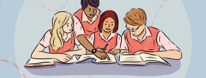 Navigating Group Projects. Image of children working together on a school project. Image contains blue and orange, the latter of which is the main color of Hodis Learning & Music's brand.