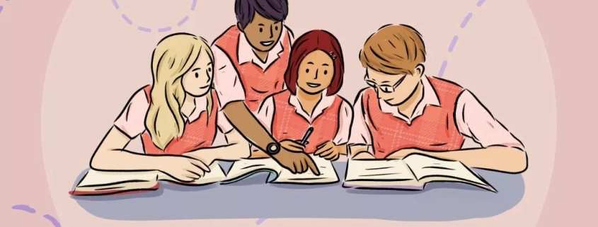 Navigating Group Projects. Image of students working together on a school assignment.