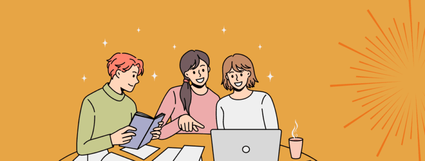 Building strong study skills: active reading. Students sitting around a table with their tutor.