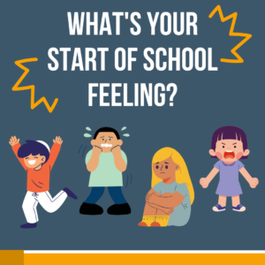 What're your start of school feelings? Photo shows four children, each showing a different emotion: fear, anxiety or stress, happiness and excitement, and anger.